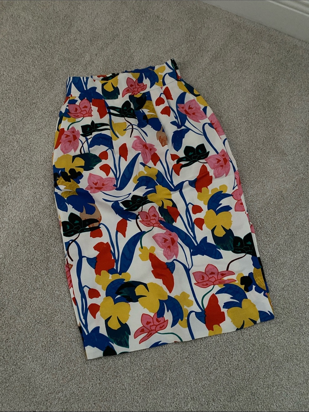 J. Crew Floral Pencil Skirt in Blue, Pink, Yellow, Red, Black on White
